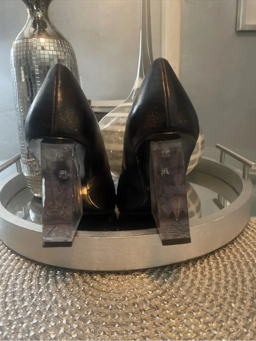 Katie Perry The Mirra Black Pumps with Clear Lucite Block Heel 9.5
